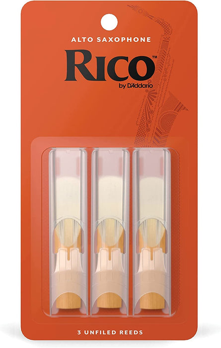 Rico Saxophone Reeds - Reeds for Alto Saxophone - Thinner Vamp Cut for Ease of Play, Traditional Blank for Clear Sound, Unfiled for Powerful Tone - Alto Sax Reeds 2.5 Strength, 3-Pack