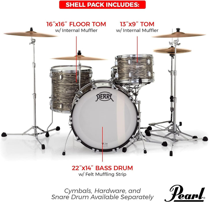 Pearl President Series Deluxe 3-piece 75th Anniversary Edition Shell Pack in Ocean Ripple (#767) covered finish featuring 22"x14" Bass Drum w/Cymbal Holder, 13"x9" Tom, and 16"x16" Floor Tom