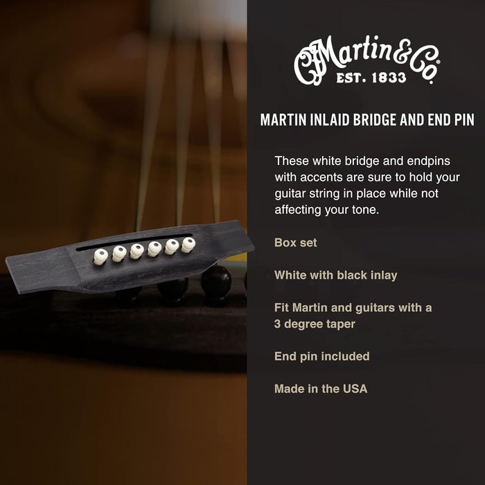 Martin Guitar Pearl-Inlaid Bridge and Endpins, Acoustic Guitar Bridge Pins and Endpin Set, Black