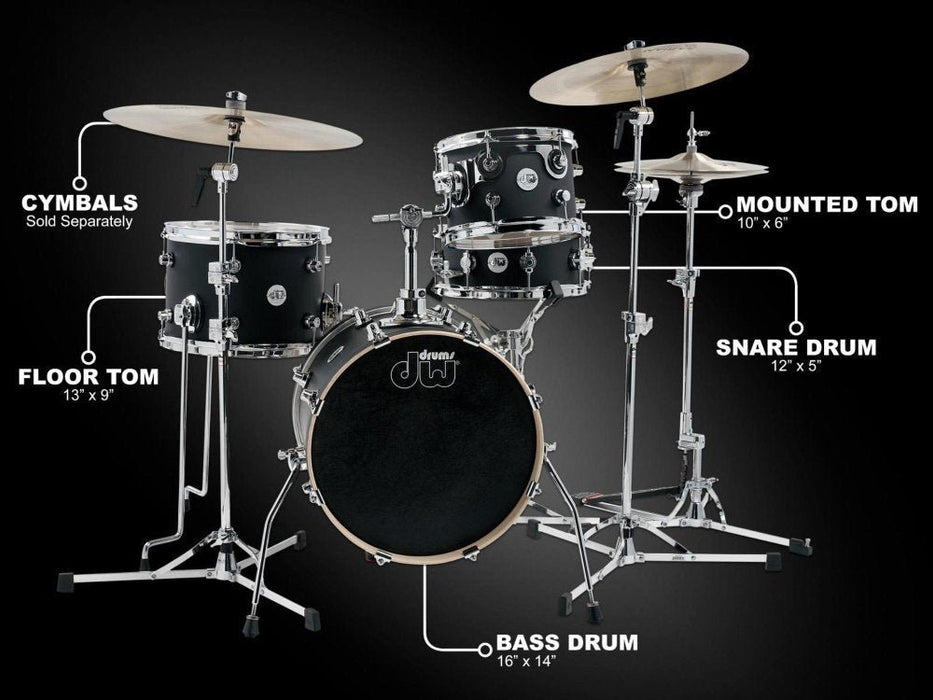 DW Design Series Mini Pro 4-Piece Maple Shell Pack, Black Satin (DDLM1604BL)