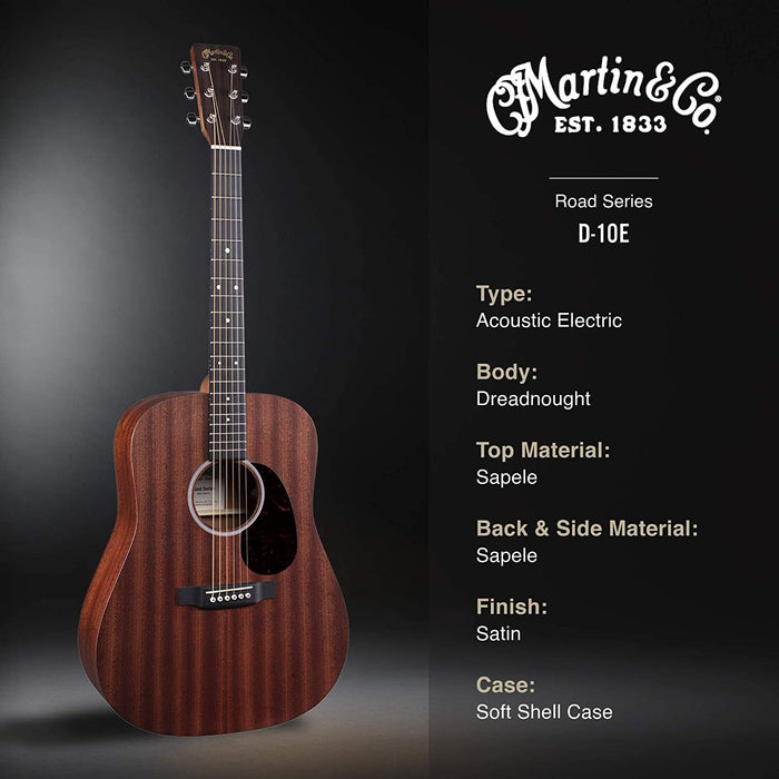 Martin Guitar Road Series D-10E Acoustic-Electric Guitar with Gig Bag, Sapele Wood Construction, D-14 Fret and Performing Artist Neck Shape with High-Performance Taper