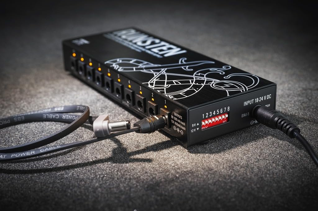 EBS Runsten Isolated Pedalboard Power Supply - 10 DC Outputs up to 900mA, Switchable 9V/12V, 2 USB Ports, Ultra-Low Noise, Universal 100-240V, Compact 310g