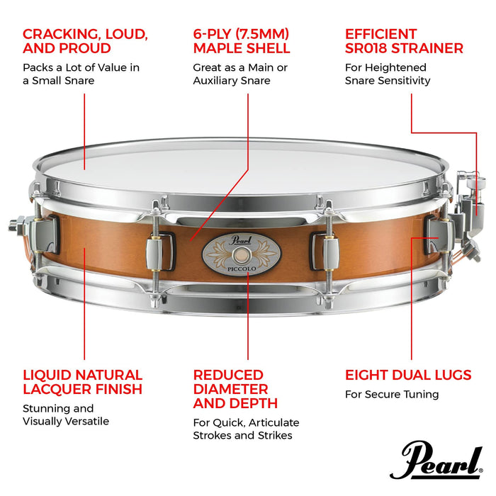 Pearl Piccolo Snare Drum 13 Inch x 3 Inch 6-ply Maple Shell, Liquid Amber (M1330114)