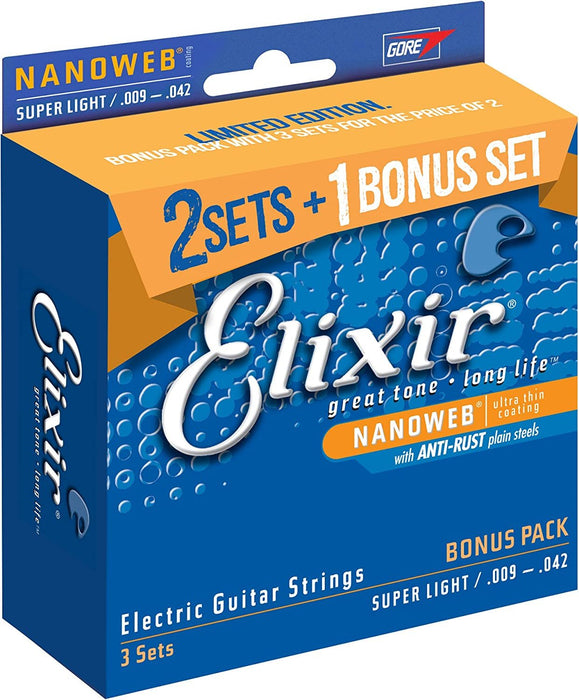 Elixir Strings 16540 Electric Guitar Strings with NANOWEB Coating, 3 Pack, Super Light (.009-.042)