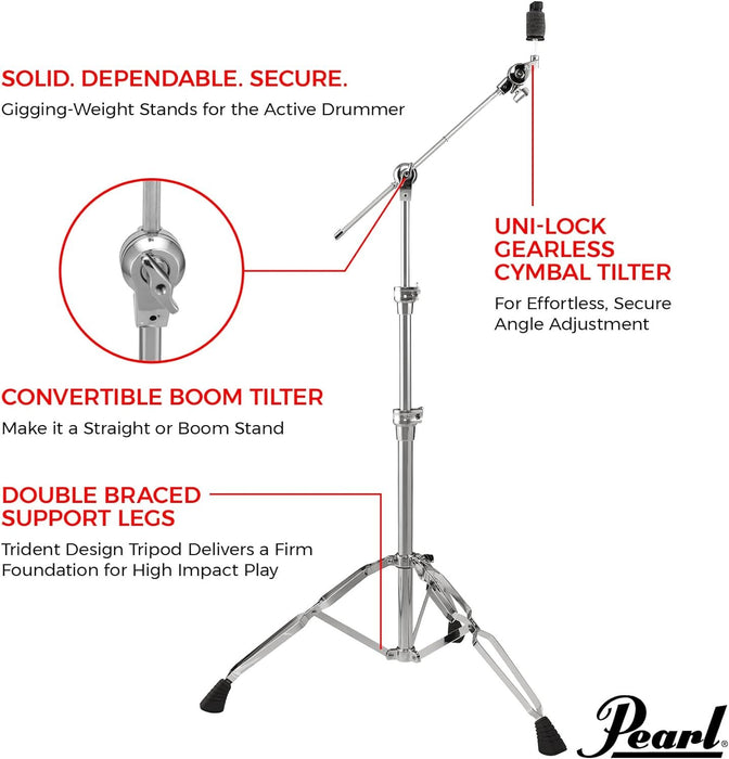 Pearl BC930 Double-Braced Cymbal Boom Stand, Heavy Weight Boom Stand with Gearless UniLock Cymbal Tilter, Three-Tier Height Adjustment, and Sturdy Double-Braced legs.