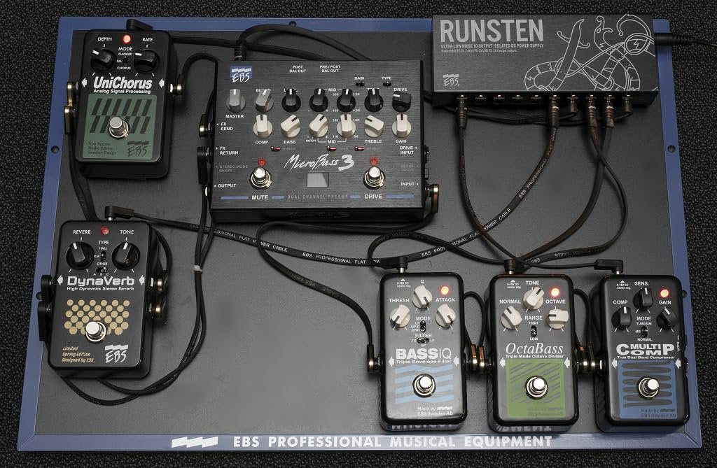 EBS Runsten Isolated Pedalboard Power Supply - 10 DC Outputs up to 900mA, Switchable 9V/12V, 2 USB Ports, Ultra-Low Noise, Universal 100-240V, Compact 310g