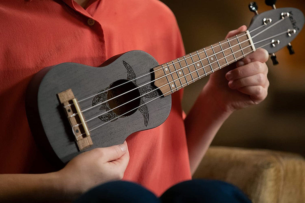 Ortega Guitars, 4-String Keiki Series Sopranino Ukulele with Turtle Etching, Right, Transparent black, (K1-CO)