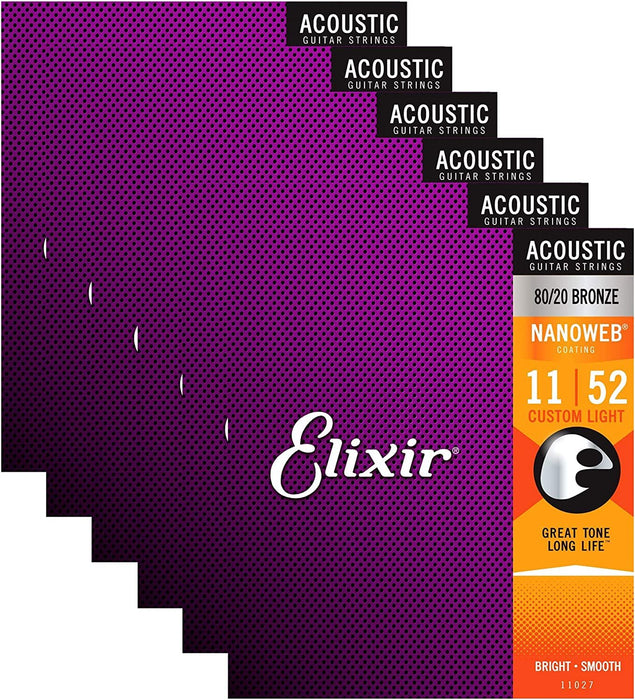 Elixir 11027 Acoustic 80/20 Nano Custom Light 11-52 (6 Pack Bundle)