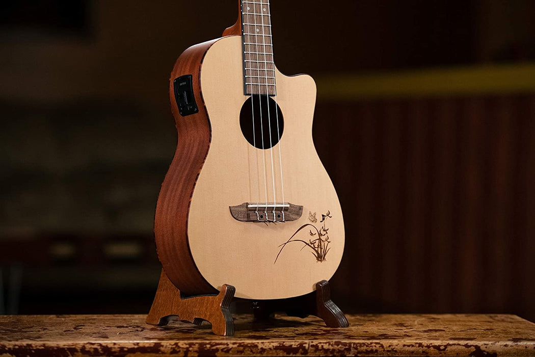 Ortega Guitars, 4-String Bonfire Series Baritone Ukulele with Tortoise Binding and Laser Etching, with Built-in Electronics & Cutaway, Right (RU5CE-BA)