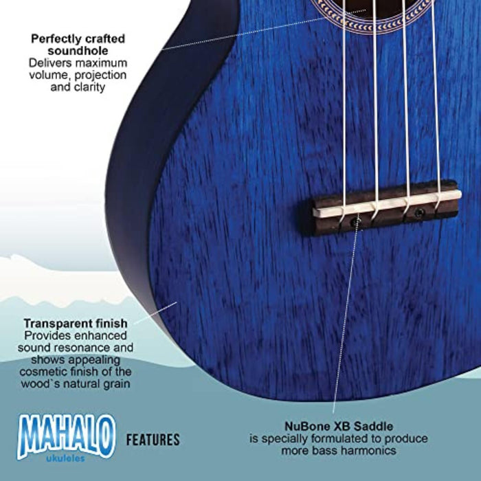Mahalo MH2-TBU Hano Series Concert Ukulele, Transparent Blue