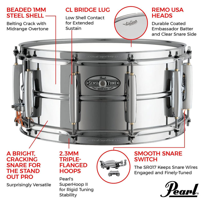 Pearl 14"x6.5" SensiTone Heritage Alloy Chrome-over-Steel Snare Drum with Beaded Shell, 2.3mm Triple-Flanged Hoops, and 10 arched CL Lugs