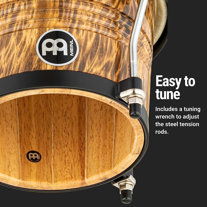 Meinl Percussion Bongos with Rubberwood Stave Shells Buffalo, Leopard Burl Finish-NOT Made in China, Free Ride Suspension System and Natural Skin Heads, 2-Year Warranty (FWB190LB)