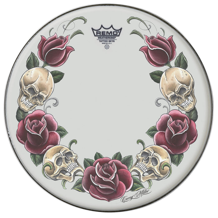 REMO Bass, POWERSTROKE®, 22", Tattoo Rock & Roses On White' Graphic, Packaged