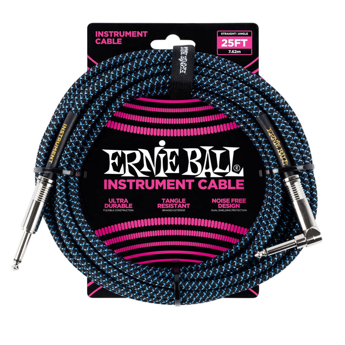 Ernie Ball Braided Instrument Cable, Straight/Angle, 25ft, Blue/Black (P06060)