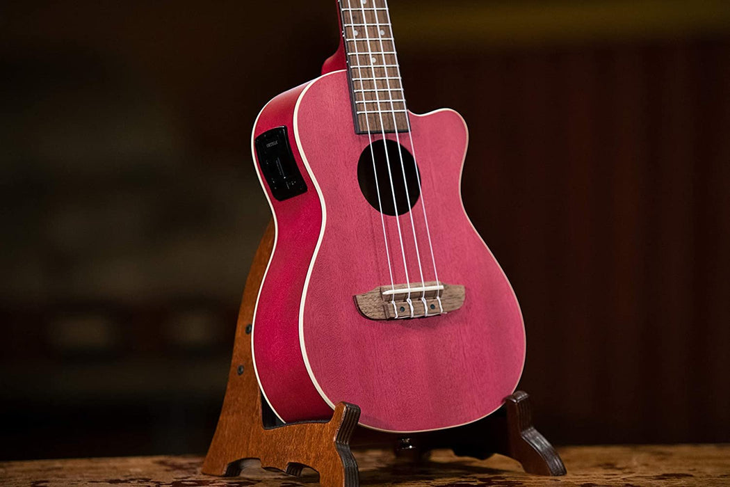 Ortega Guitars, 4-String Earth Series Concert Acoustic/Electric Ukulele, Right, Ruby Raspberry, (RURUBY-CE)