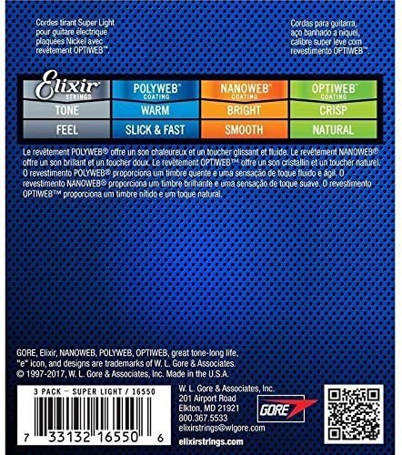 Elixir Strings 16550 Guitar Strings with OPTIWEB Coating, 3 Pack, Super Light (.009-.042)