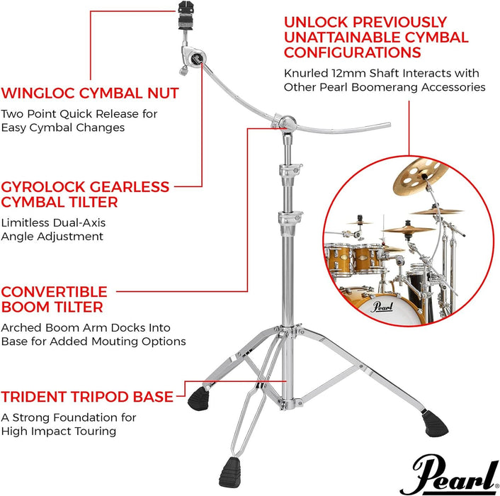 Pearl B1030C Pro Double-Braced Cymbal Boom Stand with Exclusive Curved Boom Arm, GyroLock Gearless Cymbal Tilter, and WingLoc Quick-Release Cymbal Nut.