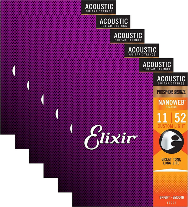 Elixir 16027 Acoustic PB Nano Custom Light 11-52 (6 Pack Bundle)