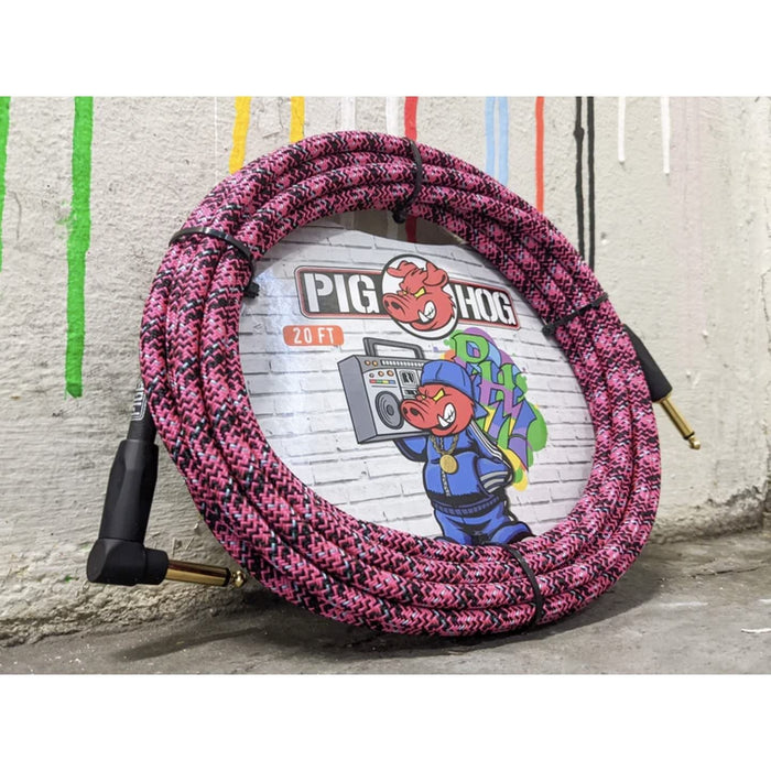 Pig Hog Pink Graffiti Woven Instrument Cable, 20 ft Right Angle (PCH20GPKR)