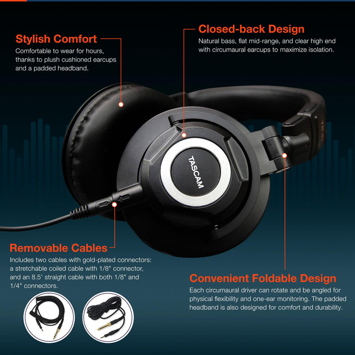 Tascam TH-07 High Definition Studio Monitor Headphones , Black