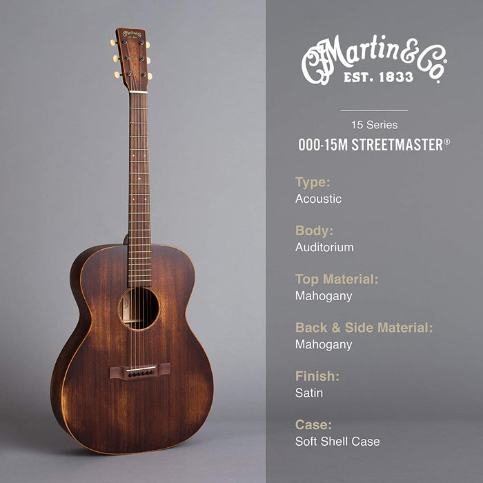 Martin Guitar 000-15M with Gig Bag, Acoustic Guitar for the Working Musician, Mahogany Construction, Satin Finish, 000-14 Fret, and Low Oval Neck Shape