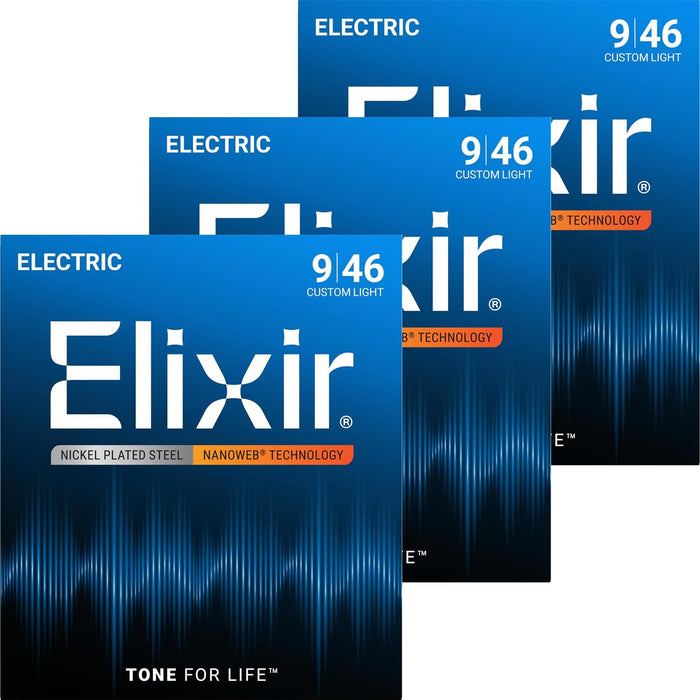 Elixir Electric Guitar Strings NANOWEB Custom Light .009-.046#12027 Set of 3