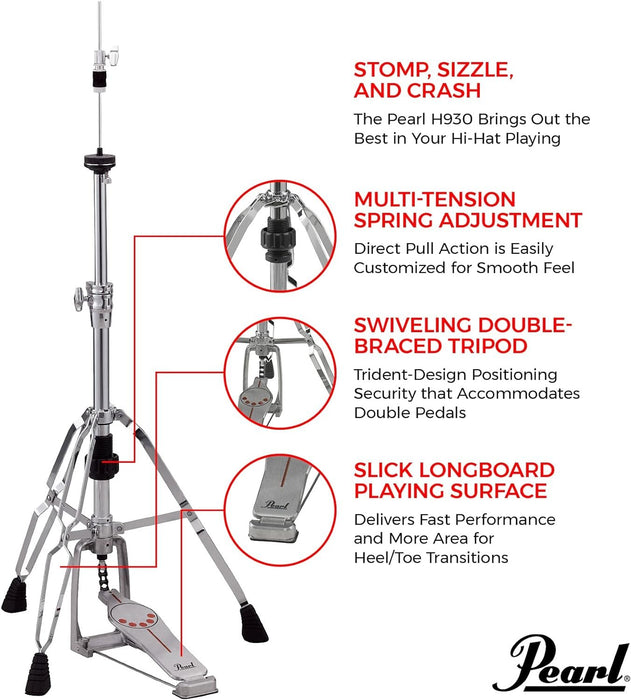 Pearl H930 Double-Braced Hi-Hat Stand with Longboard Swiveling Footplate, Adjustable Precision Spring Dial, and Heavy Double-Braced Tripod Base. Accepts Double Bass Drum Pedals.