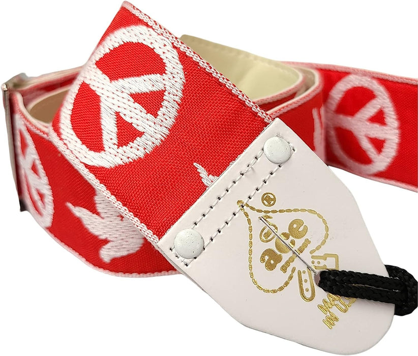 Ace Guitar Strap Vintage Style Peace Doves Design Red and White