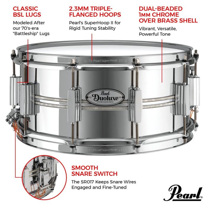 Pearl DuoLuxe 14"x6.5" Chrome-over-Brass Inlaid Snare Drum with twin Nicotine White Marine Pearl Inlays and Classic BSL Lugs (DUX1450BR405)