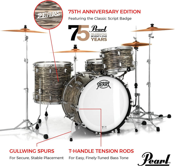 Pearl President Series Deluxe 3-piece 75th Anniversary Edition Shell Pack in Ocean Ripple (#767) covered finish featuring 22"x14" Bass Drum w/Cymbal Holder, 13"x9" Tom, and 16"x16" Floor Tom