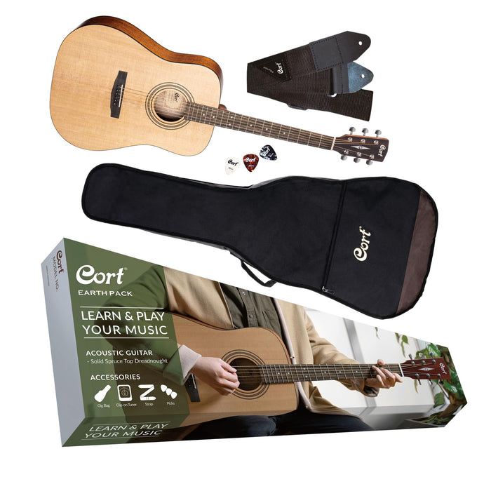 Cort 6 String Acoustic Guitar Pack, Right, Open Pore, Full (EARTHPACKOP-A-U)