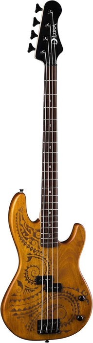 Luna Tattoo 34" Long Scale Electric Bass Guitar, Satin Natural