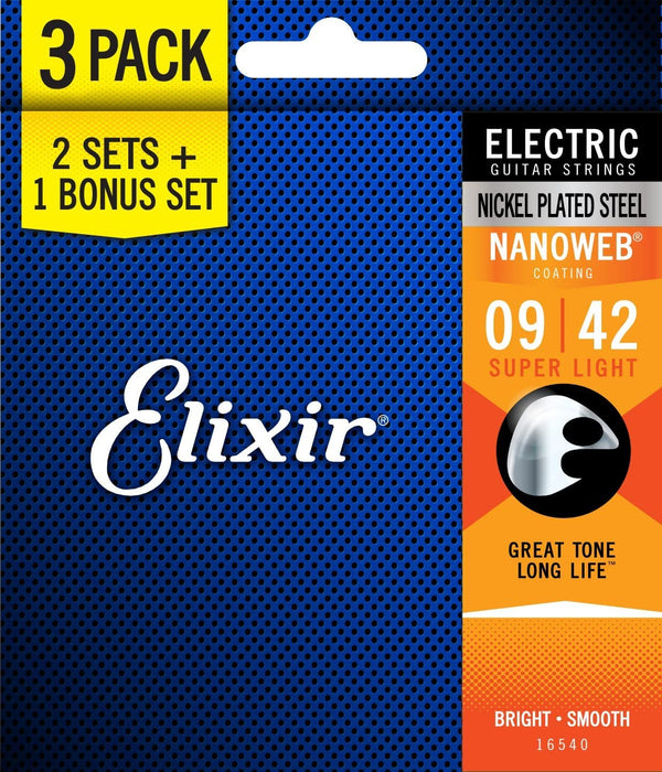 Elixir Strings 16540 Electric Guitar Strings with NANOWEB Coating, 3 Pack, Super Light (.009-.042)