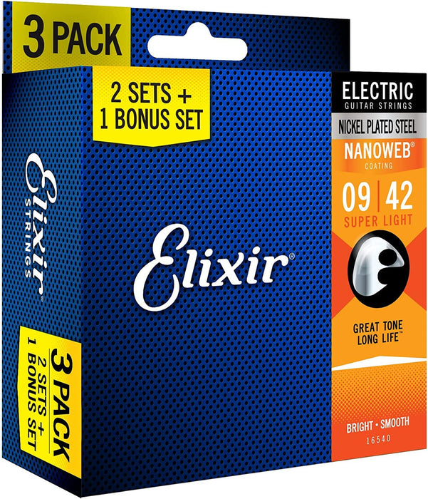 Elixir Strings 16540 Electric Guitar Strings with NANOWEB Coating, 3 Pack, Super Light (.009-.042)