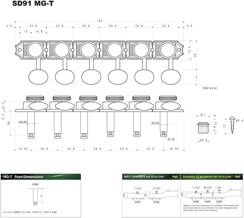 Gotoh Nickel Locking Tuners, 6-in-a-line, Magnum Lock Trad (SD91-MGT-05M-L6-N)