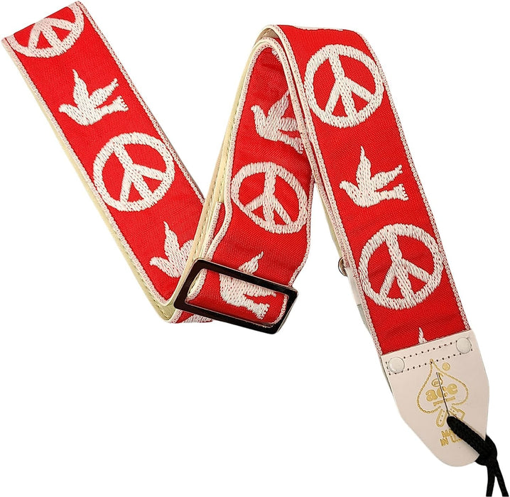 Ace Guitar Strap Vintage Style Peace Doves Design Red and White