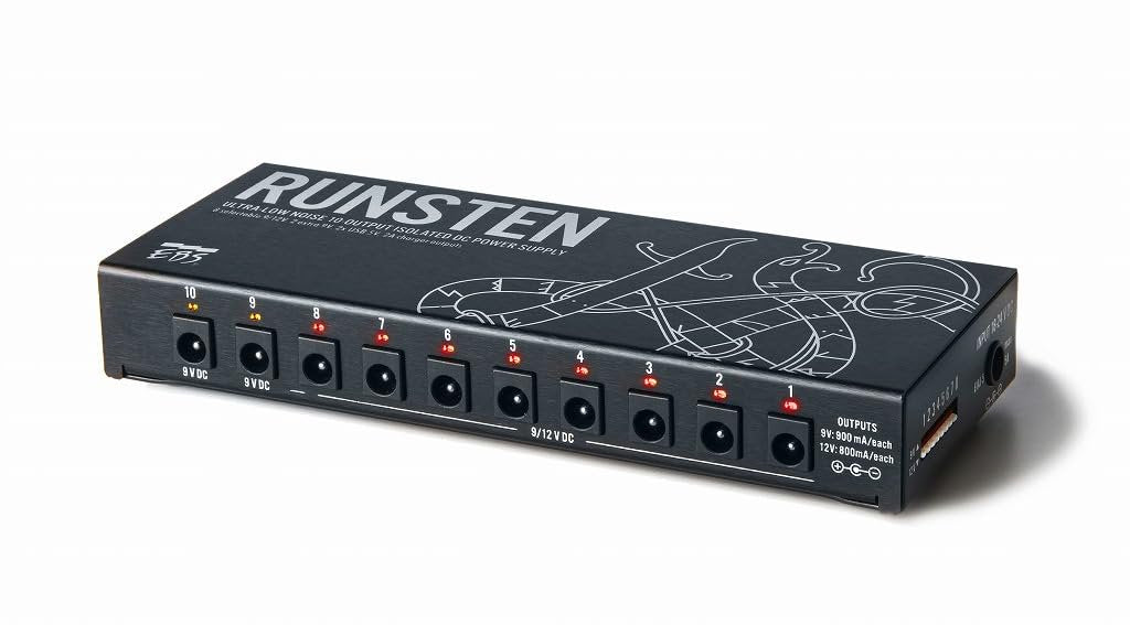 EBS Runsten Isolated Pedalboard Power Supply - 10 DC Outputs up to 900mA, Switchable 9V/12V, 2 USB Ports, Ultra-Low Noise, Universal 100-240V, Compact 310g