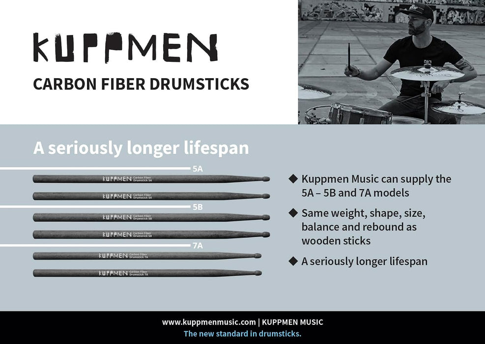Kuppmen CFDS7A Carbon Fiber 7A Drum Sticks l Manufactured in The Netherlands l Professional Quality