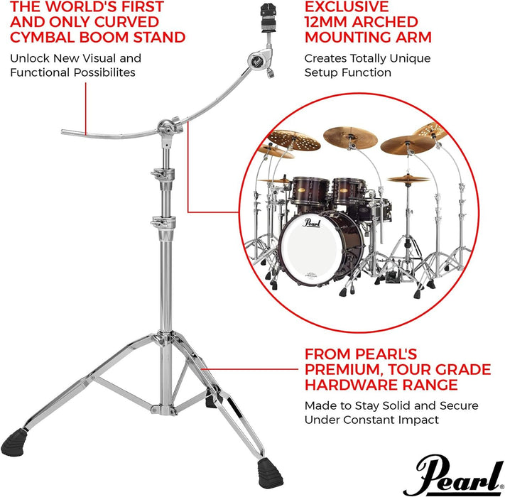 Pearl B1030C Pro Double-Braced Cymbal Boom Stand with Exclusive Curved Boom Arm, GyroLock Gearless Cymbal Tilter, and WingLoc Quick-Release Cymbal Nut.