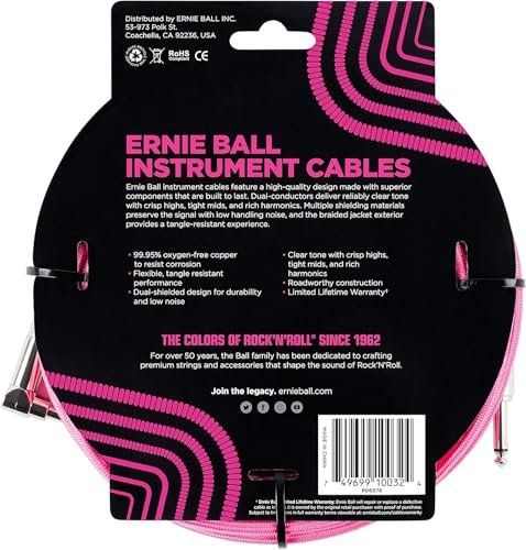 Ernie Ball Braided Instrument Cable Set Straight/Angle Length 10ft in Neon Pink (P06078) - Pack of 2