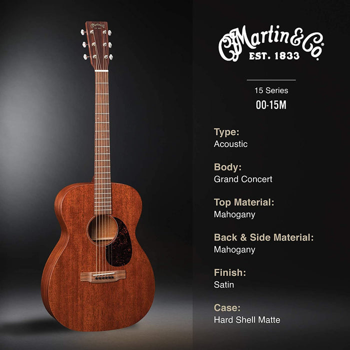 Martin Guitar 00-15M with Gig Bag, Acoustic Guitar for the Working Musician, Mahogany Construction, Satin Finish, 00-14 Fret, and Low Oval Neck Shape