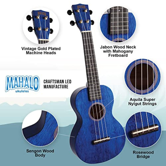 Mahalo MH2-TBU Hano Series Concert Ukulele, Transparent Blue