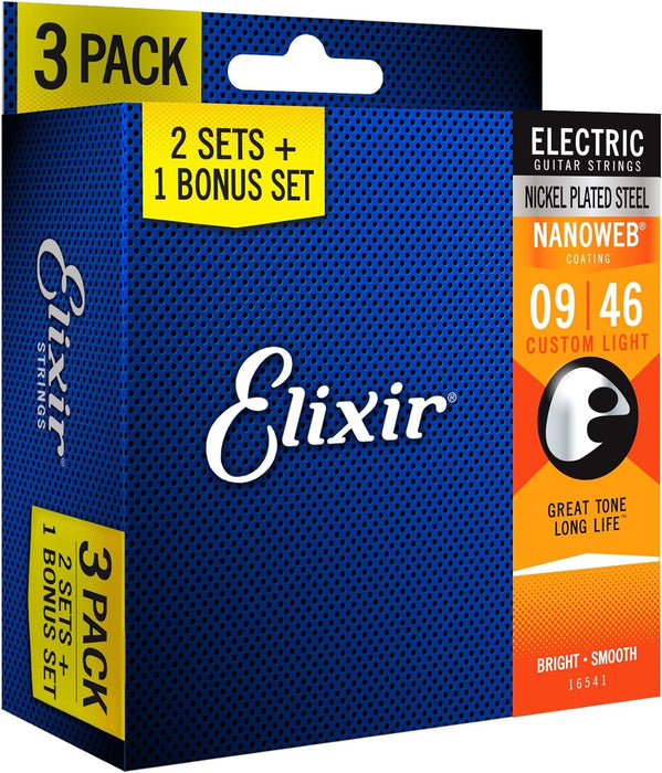 Elixir Strings 16541 Nickel Plated Steel Electric Guitar Strings with Nanoweb Coating, Set of 3 Pieces