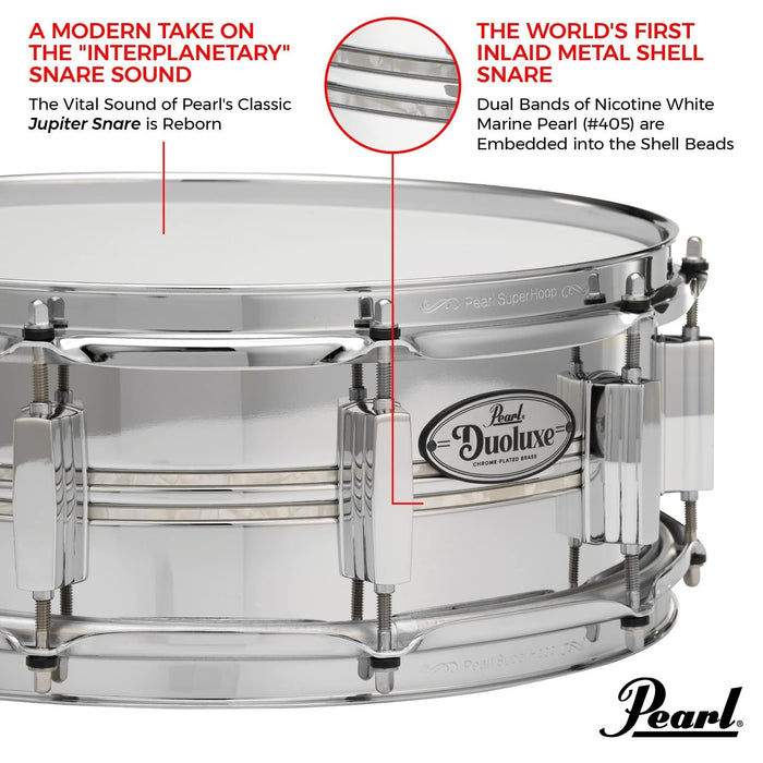 Pearl DuoLuxe 14"x5" Chrome-over-Brass Inlaid Snare Drum (DUX1450BR405) with twin Nicotine White Marine Pearl finish Inlays and Classic BSL Lugs.