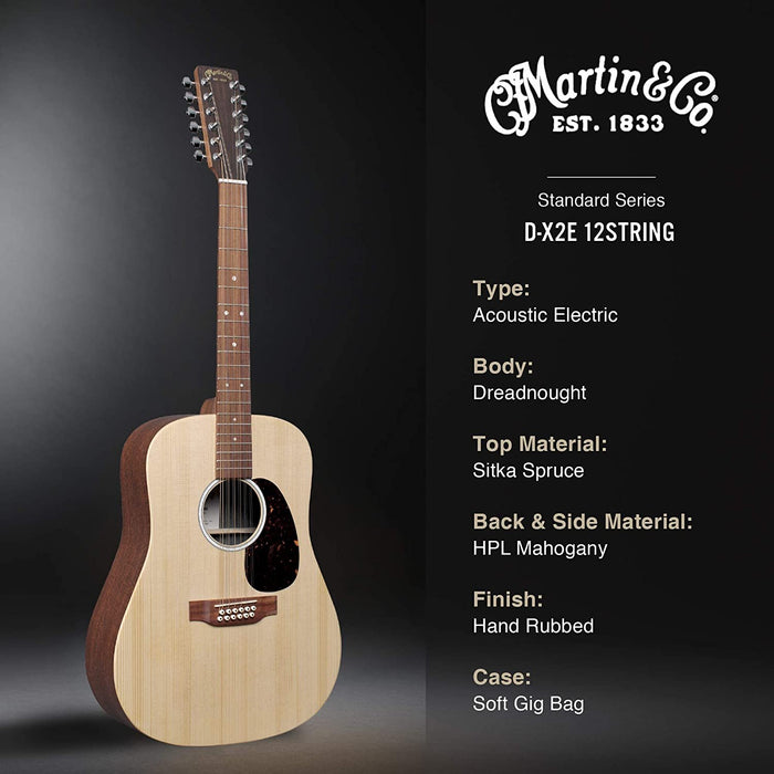 Martin Guitar X Series D-X2E 12-String Acoustic-Electric Guitar with Gig Bag, Sitka Spruce and KOA Pattern High-Pressure Laminate, D-14 Fret, Performing Artist Neck Shape