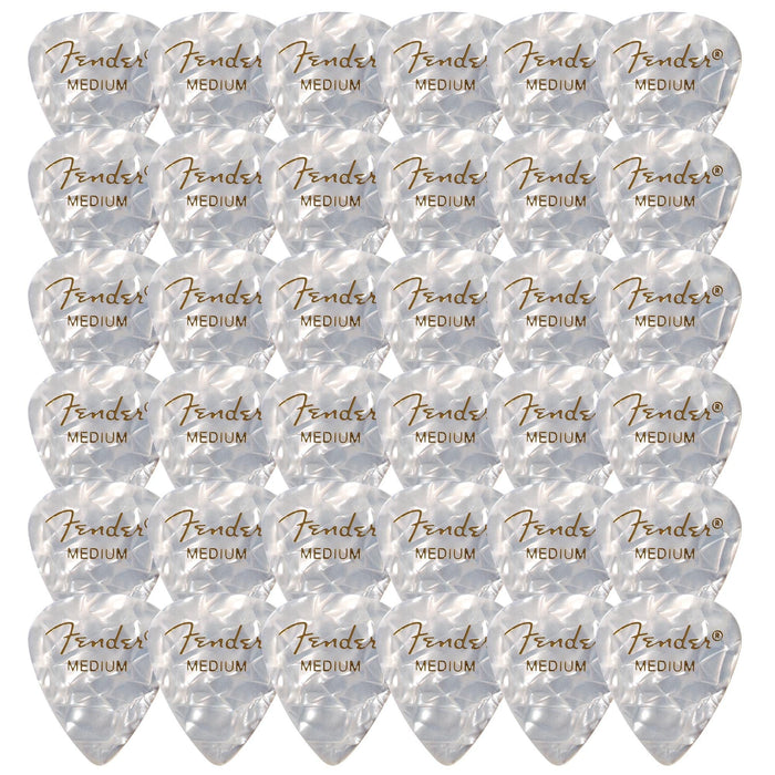 Fender Premium Celluloid 351 Shape Picks, Medium, White Moto - 36 Pack