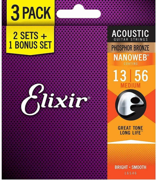 Elixir Strings 16546 Acoustic Phosphor Bronze Guitar Strings with NANOWEB Coating, 3 Pack, Medium (.013-.056)