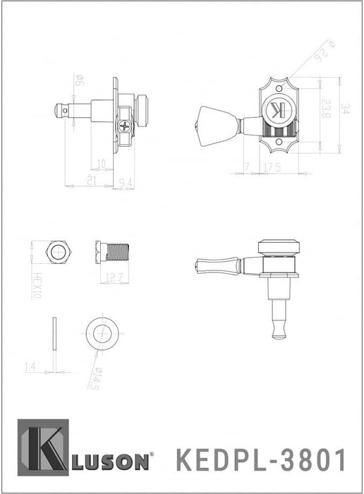 Kluson Revolution 3X3 Locking Tuners, Keystone Buttons - NICKEL