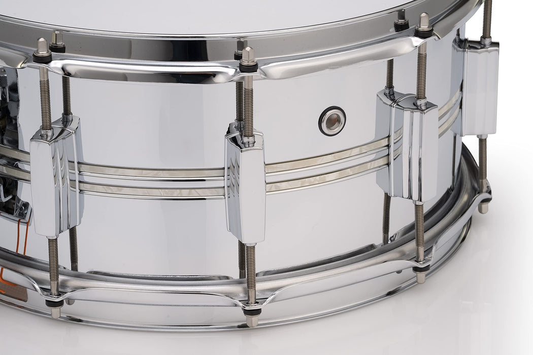 Pearl DuoLuxe 14"x6.5" Chrome-over-Brass Inlaid Snare Drum with twin Nicotine White Marine Pearl Inlays and Classic BSL Lugs (DUX1450BR405)