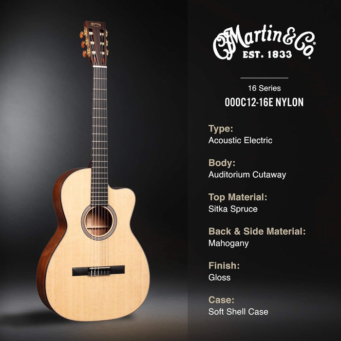 Martin Guitar 000C12-16E Nylon with Gig Bag, Acoustic-Electric Guitar, Mahogany and Sitka Spruce Construction, Gloss-Top Finish, 000C-12 Fret, and Low-Profile Neck Shape Natural